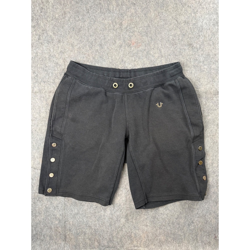True Religion Sweat Shorts Mens Large Black Cotton Snap Side Logo Casual Y2K L